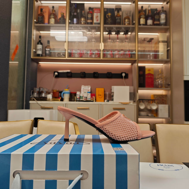 PRADA 26S MULE SANDALS 75MM IN BLUSH PINK CALFSKIN AND MESH GOLD HARDWARE