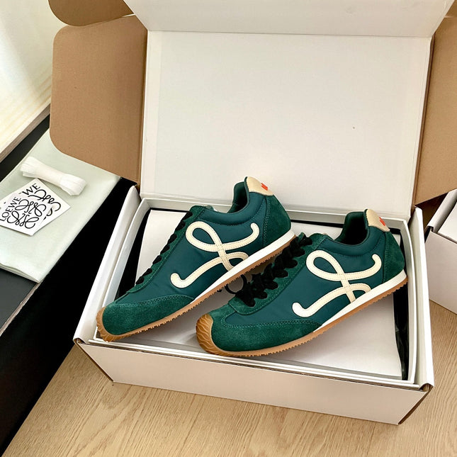 LOEWE 26S BALLET RUNNER 2.0 IN DARK GREEN SUEDE AND NYLON