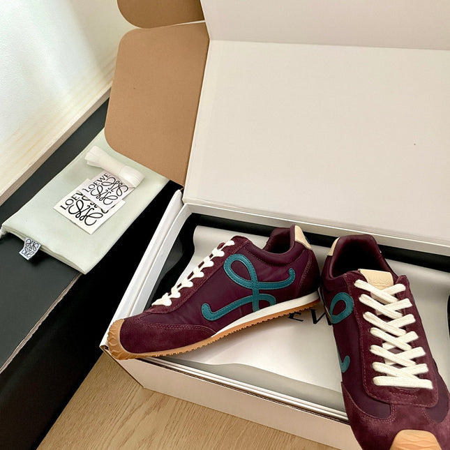 LOEWE 26S BALLET RUNNER 2.0 IN WINE RED SUEDE AND NYLON