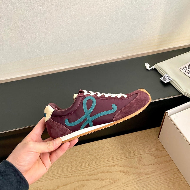 LOEWE 26S BALLET RUNNER 2.0 IN WINE RED SUEDE AND NYLON