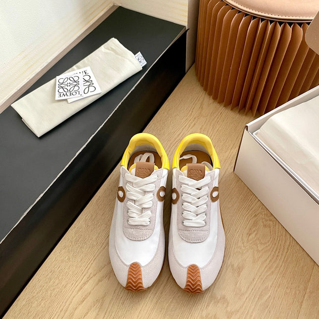 LOEWE 26S FLOW RUNNER SNEAKER IN LIGHT GRAY SUEDE AND YELLOW SHEEPSKIN