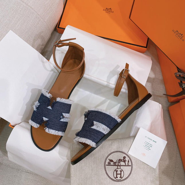 HM 26S SANTORINI SANDAL IN NAVY BLUE CALFSKIN AND FABRIC