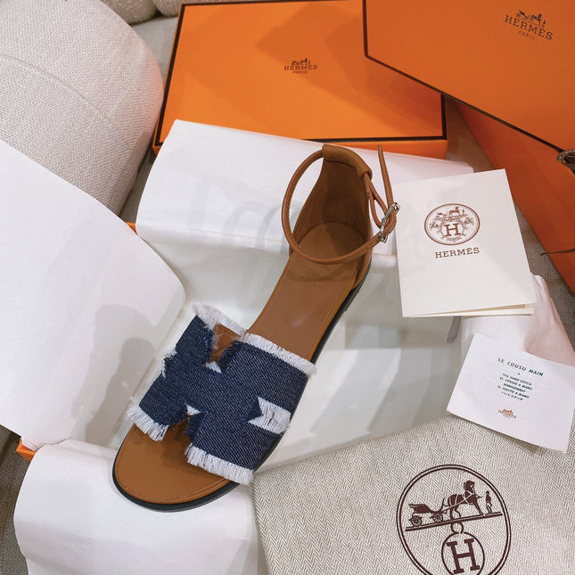 HM 26S SANTORINI SANDAL IN NAVY BLUE CALFSKIN AND FABRIC