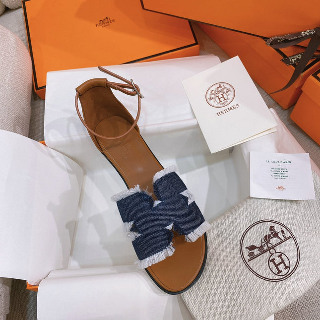 HM 26S SANTORINI SANDAL IN NAVY BLUE CALFSKIN AND FABRIC