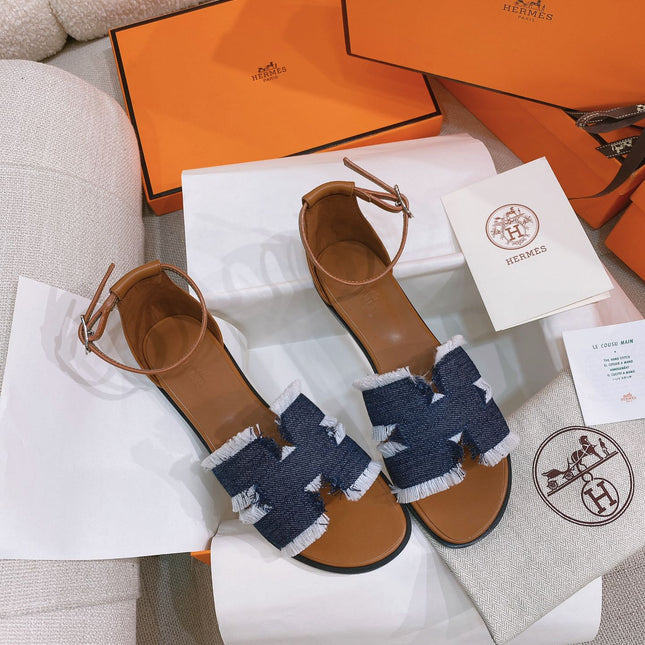 HM 26S SANTORINI SANDAL IN NAVY BLUE CALFSKIN AND FABRIC