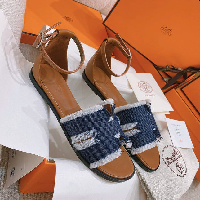 HM 26S SANTORINI SANDAL IN NAVY BLUE CALFSKIN AND FABRIC