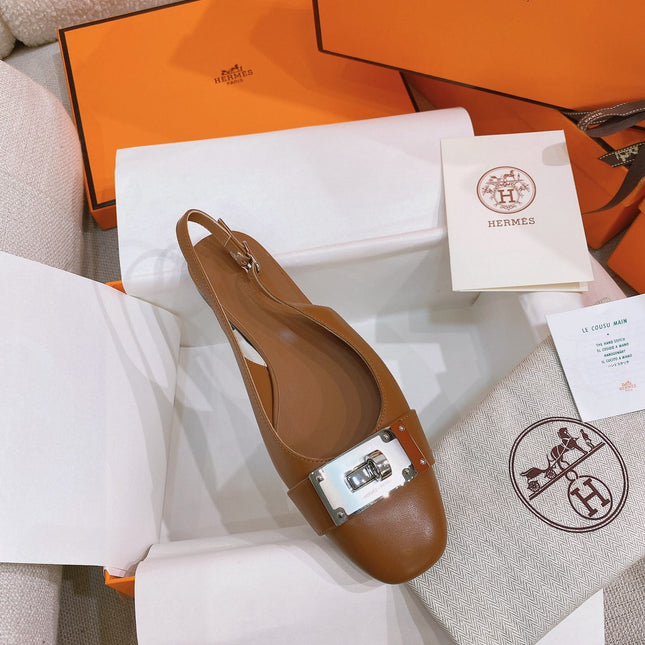 HM 26S INNOCENTE SLINGBACK IN CARAMEL BROWN CALFSKIN SILVER HARDWARE