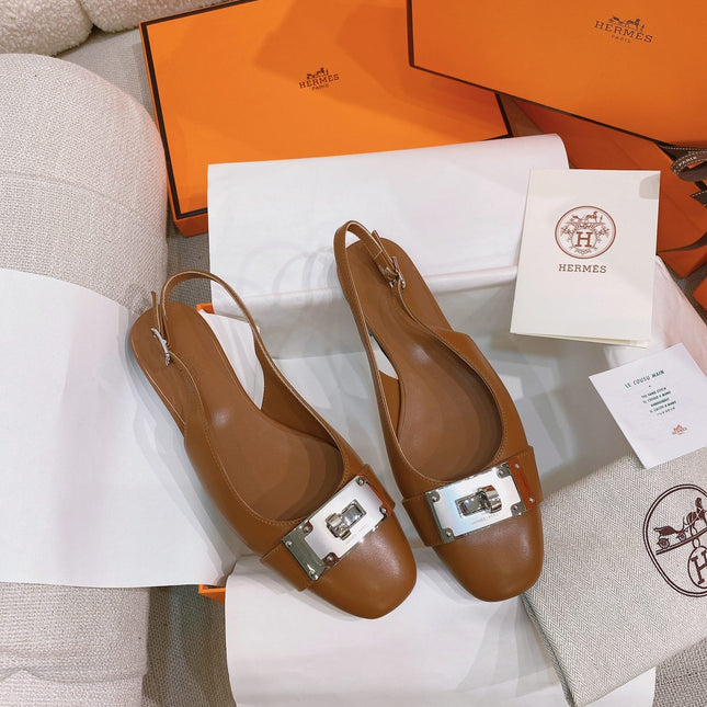 HM 26S INNOCENTE SLINGBACK IN CARAMEL BROWN CALFSKIN SILVER HARDWARE