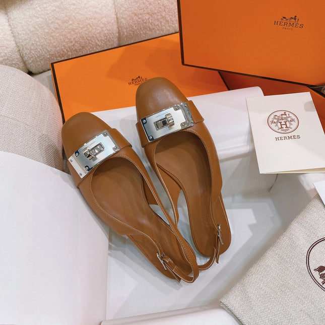 HM 26S INNOCENTE SLINGBACK IN CARAMEL BROWN CALFSKIN SILVER HARDWARE