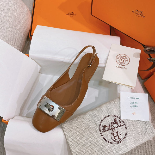 HM 26S INNOCENTE SLINGBACK IN CARAMEL BROWN CALFSKIN SILVER HARDWARE