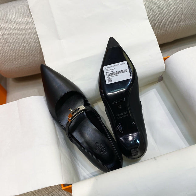 HM 26S MARY JANE POINTED TOE HEELS 40MM IN BLACK CALFSKIN KELLY BUCKLE