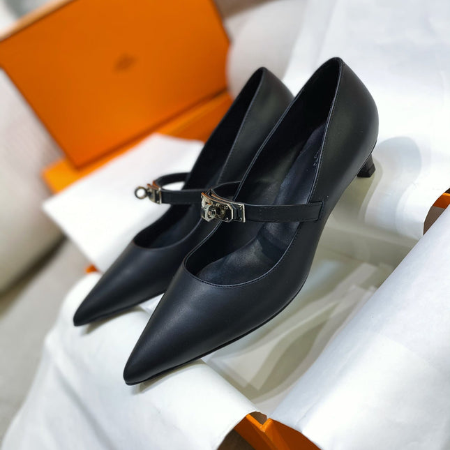 HM 26S MARY JANE POINTED TOE HEELS 40MM IN BLACK CALFSKIN KELLY BUCKLE