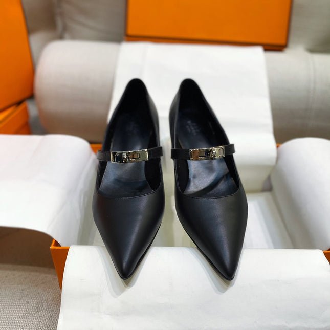 HM 26S MARY JANE POINTED TOE HEELS 40MM IN BLACK CALFSKIN KELLY BUCKLE