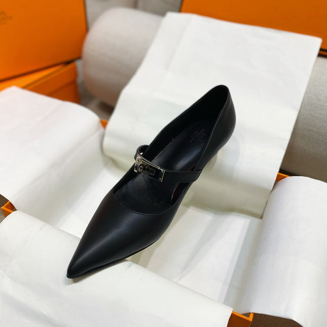 HM 26S MARY JANE POINTED TOE HEELS 40MM IN BLACK CALFSKIN KELLY BUCKLE