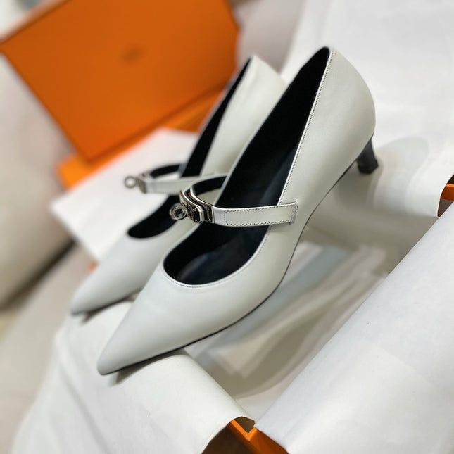 HM 26S MARY JANE POINTED TOE HEELS 40MM IN CREAM WHITE CALFSKIN KELLY BUCKLE