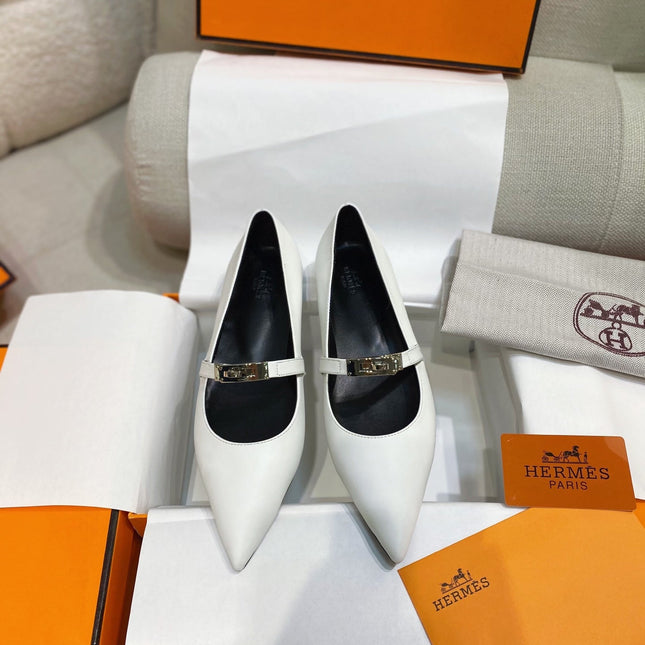 HM 26S KELLY BUCKLE MARY JANE POINTED FLATS IN CREAM WHITE CALFSKIN