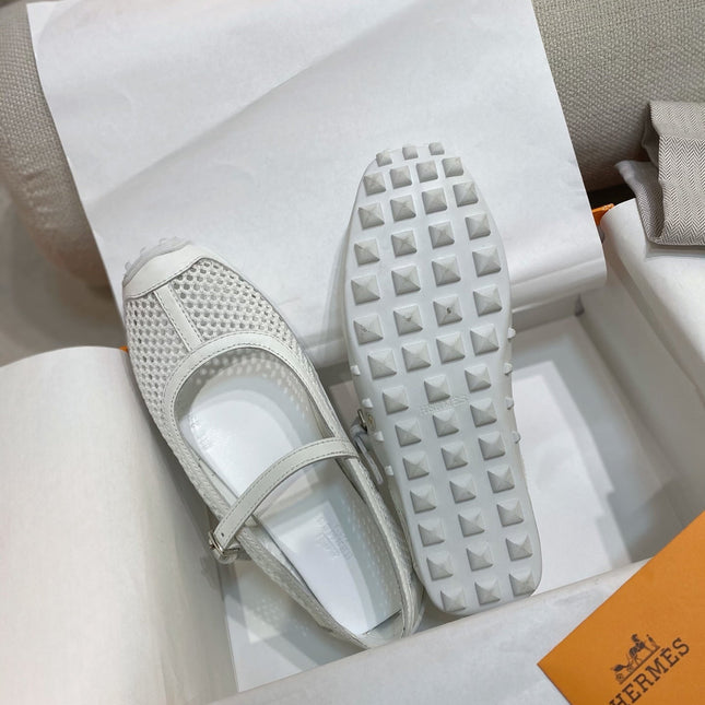 HM 26S KICHU BALLET FLAT IN WHITE CROCHET KNIT AND CALFSKIN