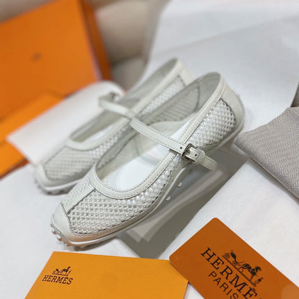 HM 26S KICHU BALLET FLAT IN WHITE CROCHET KNIT AND CALFSKIN