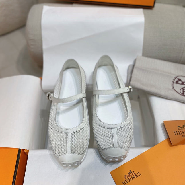 HM 26S KICHU BALLET FLAT IN WHITE CROCHET KNIT AND CALFSKIN