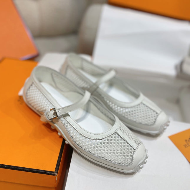 HM 26S KICHU BALLET FLAT IN WHITE CROCHET KNIT AND CALFSKIN