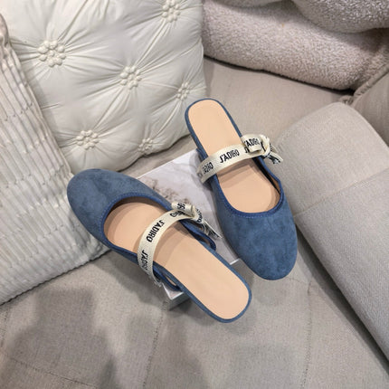 DIOR 26S FLAT MULES IN BLUE SUEDE WITH J'ADIOR BOW