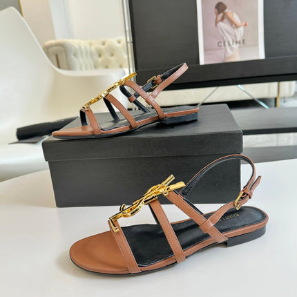 Yves SL Buckle Women Sandals Black Tan Leather