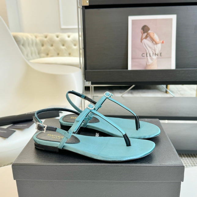 SL CRYSTAL T-STRAP FLAT SANDAL SAPPHIRE SATIN
