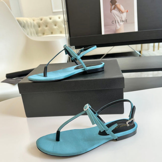 SL CRYSTAL T-STRAP FLAT SANDAL SAPPHIRE SATIN