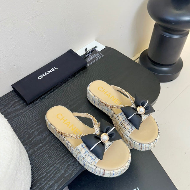 PLATFORM FLIP-FLOPS IN BEIGE TWEED FABRIC