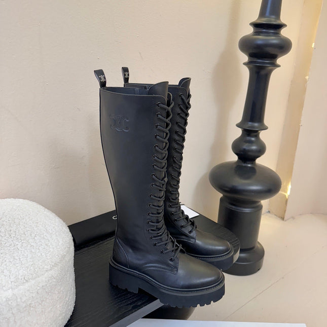 CELINE 26S LACE-UP HIGH-TOP BOOTS 45 MM IN BLACK CALFSKIN