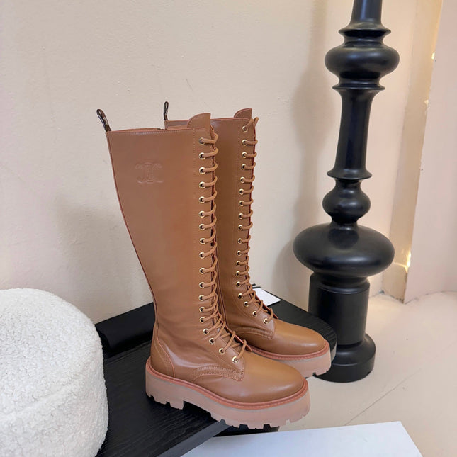 CELINE 26S LACE-UP HIGH-TOP BOOTS 45 MM IN BROWN CALFSKIN