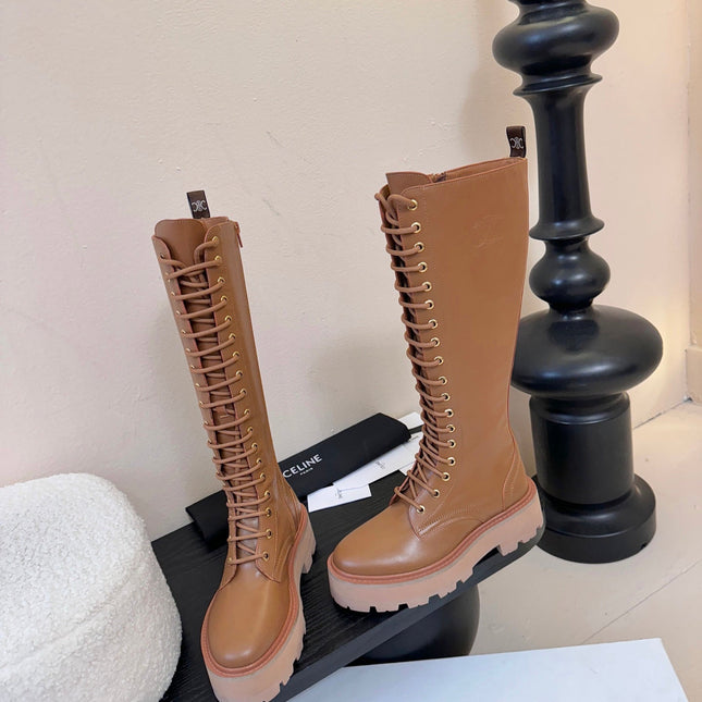 CELINE 26S LACE-UP HIGH-TOP BOOTS 45 MM IN BROWN CALFSKIN