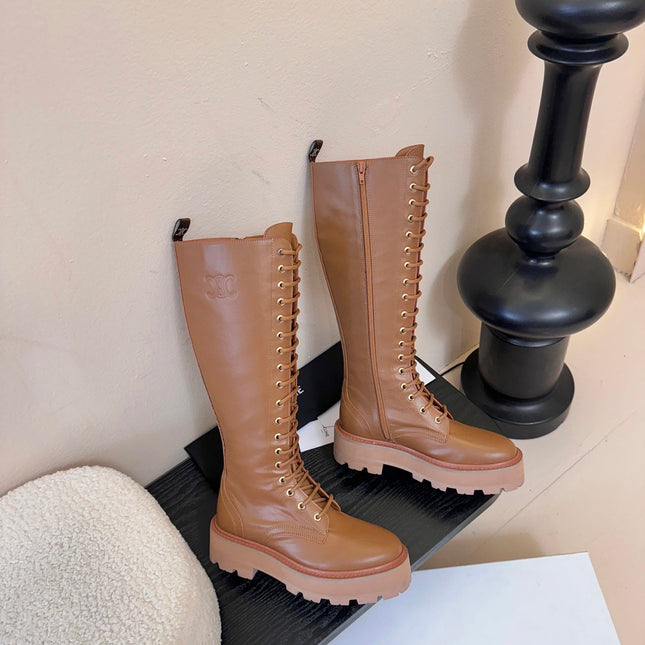 CELINE 26S LACE-UP HIGH-TOP BOOTS 45 MM IN BROWN CALFSKIN