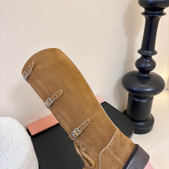 MIUMIU 25S ARMY BOOTS IN BROWN SUEDE