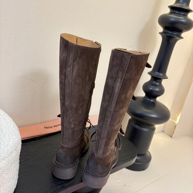 MIUMIU 25S ARMY BOOTS IN DARK BROWN SUEDE