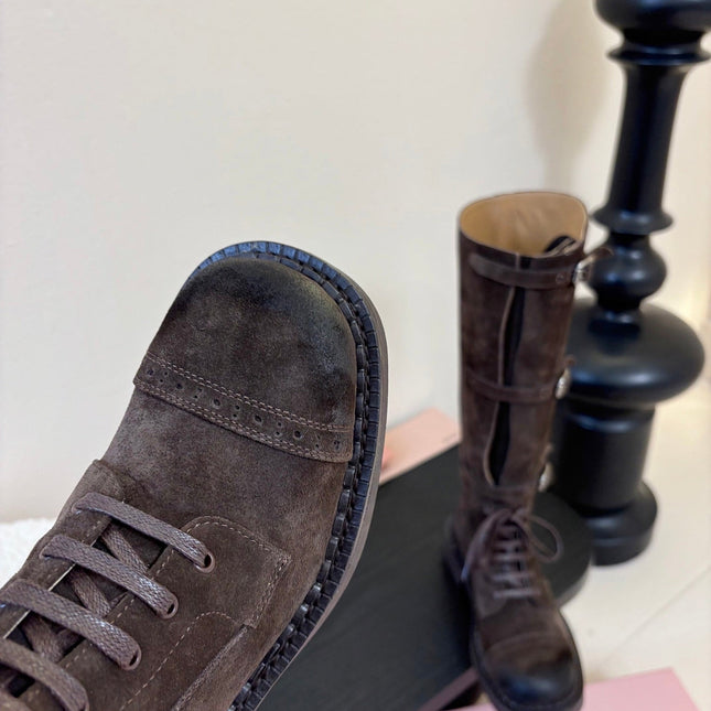 MIUMIU 25S ARMY BOOTS IN DARK BROWN SUEDE