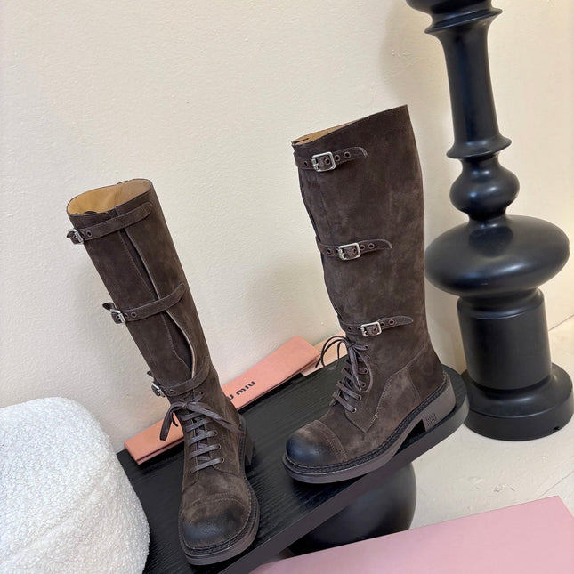 MIUMIU 25S ARMY BOOTS IN DARK BROWN SUEDE