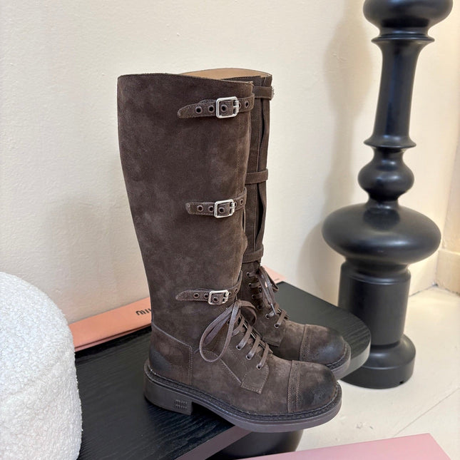MIUMIU 25S ARMY BOOTS IN DARK BROWN SUEDE
