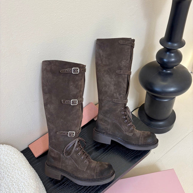 MIUMIU 25S ARMY BOOTS IN DARK BROWN SUEDE
