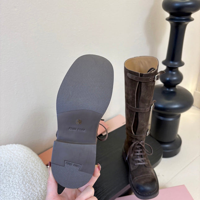 MIUMIU 25S ARMY BOOTS IN DARK BROWN SUEDE