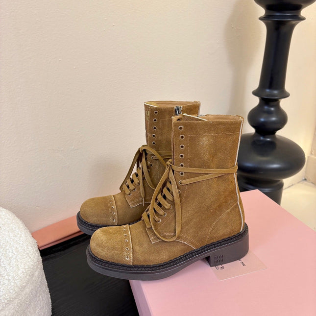 MIUMIU 25S LACED BOOTIES IN CINNAMON BROWN SUEDE