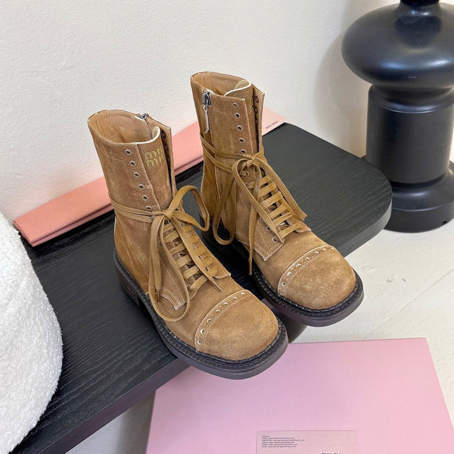 MIUMIU 25S LACED BOOTIES IN CINNAMON BROWN SUEDE