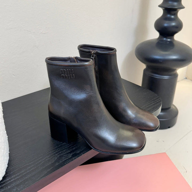 MIUMIU 25S ANKLE BOOTS 65MM IN BLACK BROWN CALFSKIN