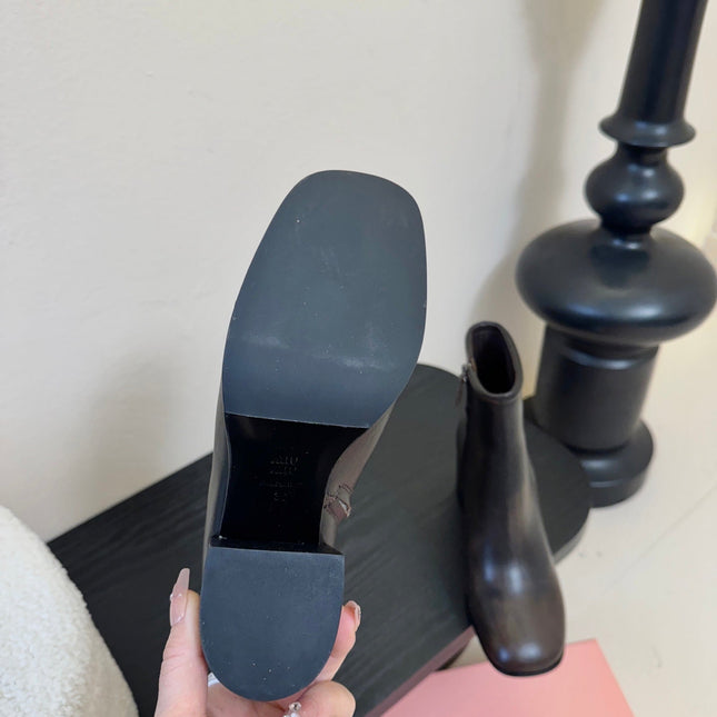 MIUMIU 25S ANKLE BOOTS 65MM IN BLACK BROWN CALFSKIN