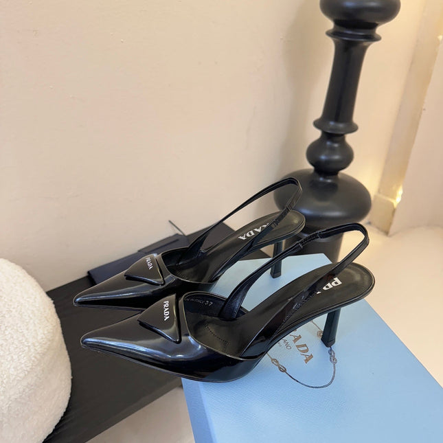PRADA 26S POINTED TOE SLINGBACK HEELS 60MM IN BLACK CALFSKIN WITH LOGO