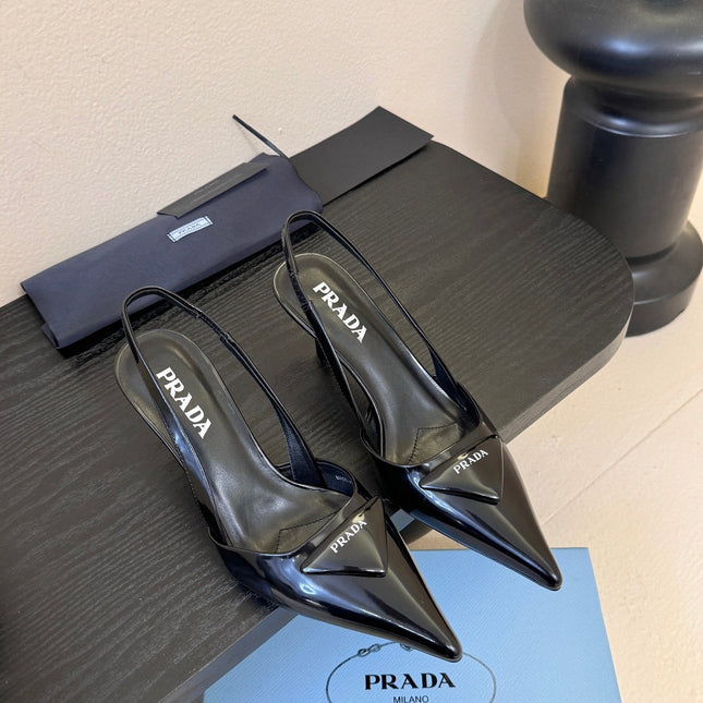 PRADA 26S POINTED TOE SLINGBACK HEELS 60MM IN BLACK CALFSKIN WITH LOGO