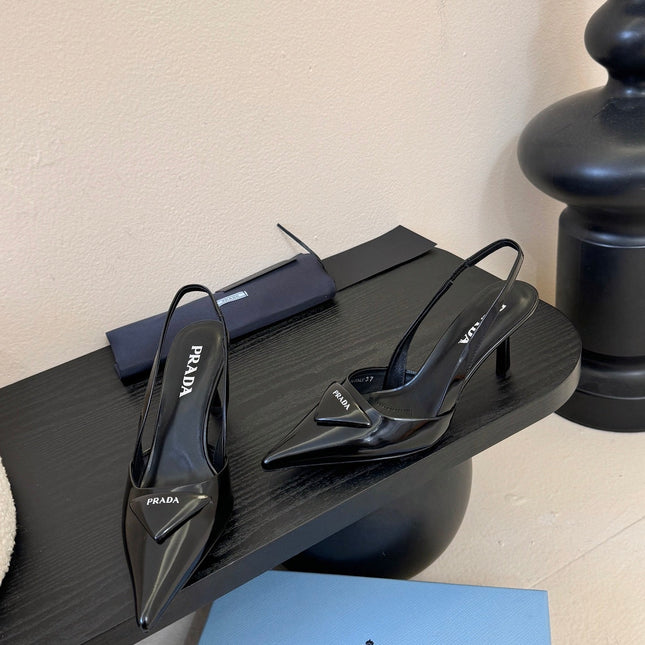 PRADA 26S POINTED TOE SLINGBACK HEELS 60MM IN BLACK CALFSKIN WITH LOGO