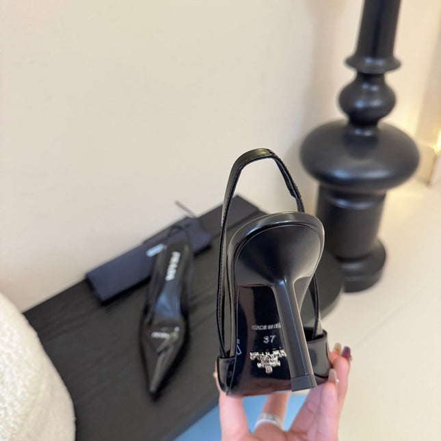 PRADA 26S POINTED TOE SLINGBACK HEELS 60MM IN BLACK CALFSKIN WITH LOGO