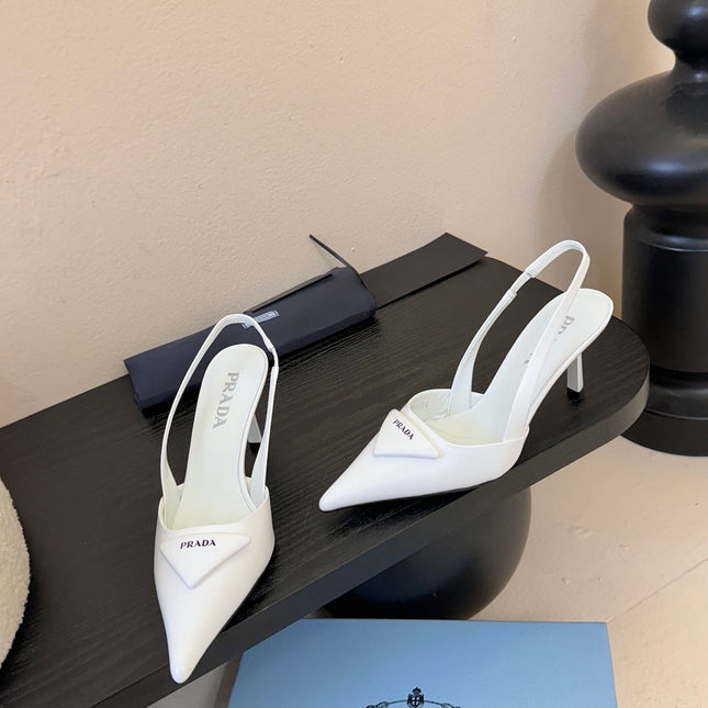 PRADA 26S POINTED TOE SLINGBACK HEELS 60MM IN WHITE CALFSKIN WITH LOGO