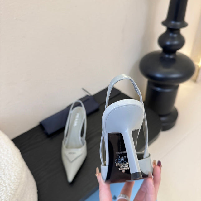 PRADA 26S POINTED TOE SLINGBACK HEELS 60MM IN LIGHT GRAY CALFSKIN WITH LOGO
